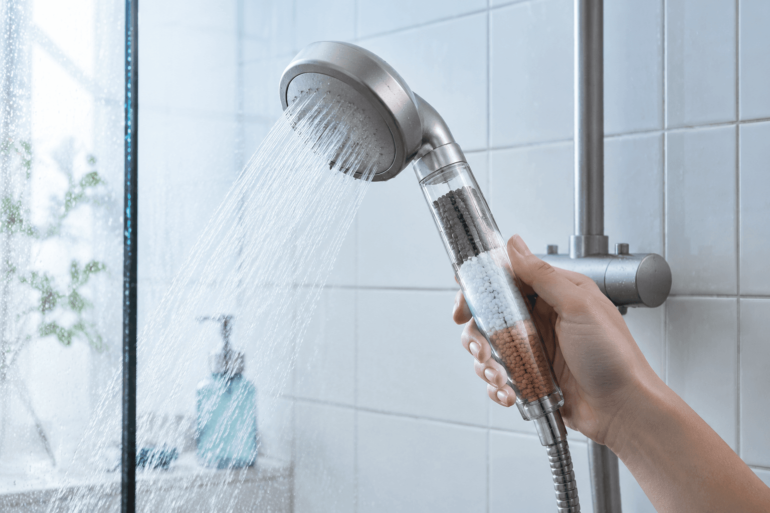 Filtered shower head in use